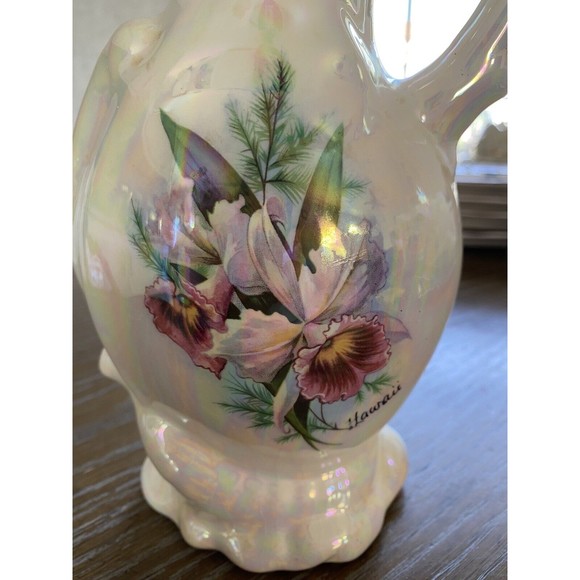 VTG Victorian Style iridescent Porcelain Floral Ewer Vase 9" pitcher Numbered - Picture 2 of 6